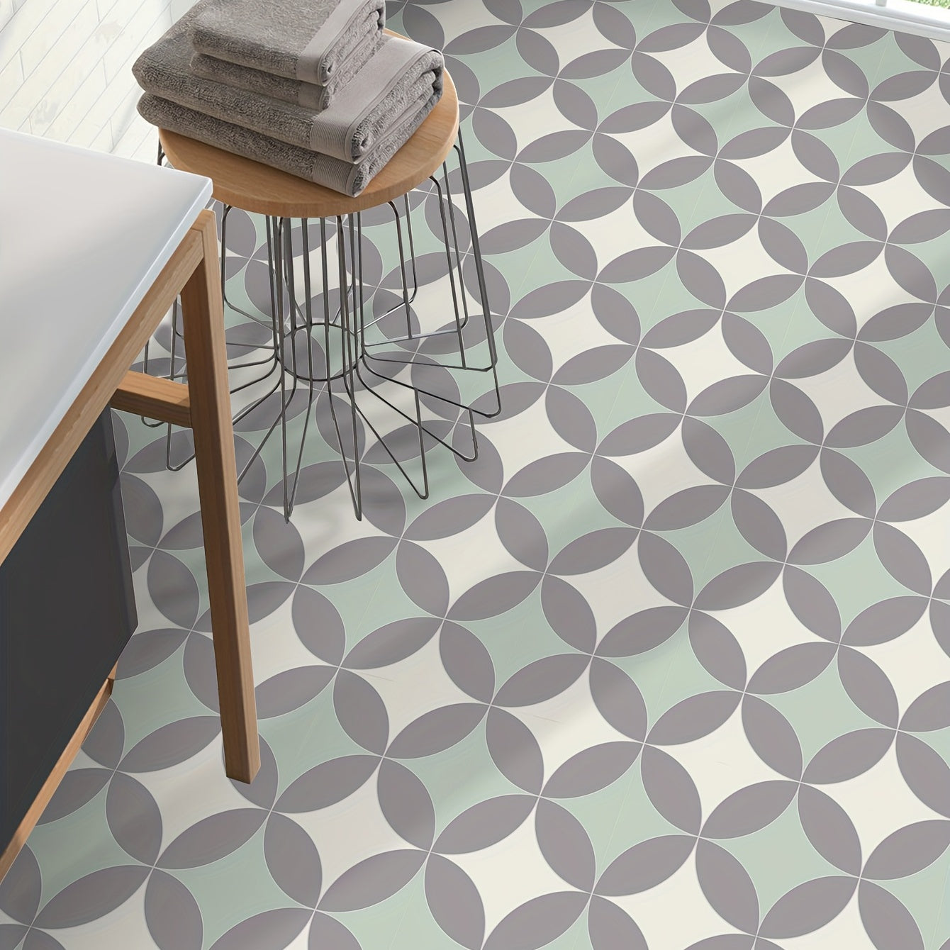 9pcs Gray & Green Floor Tile Sticker Waterproof Vinyl Matte Floor Sticker