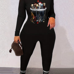 Horror Cartoon Figure Print Tee & Leggings Outfit Set