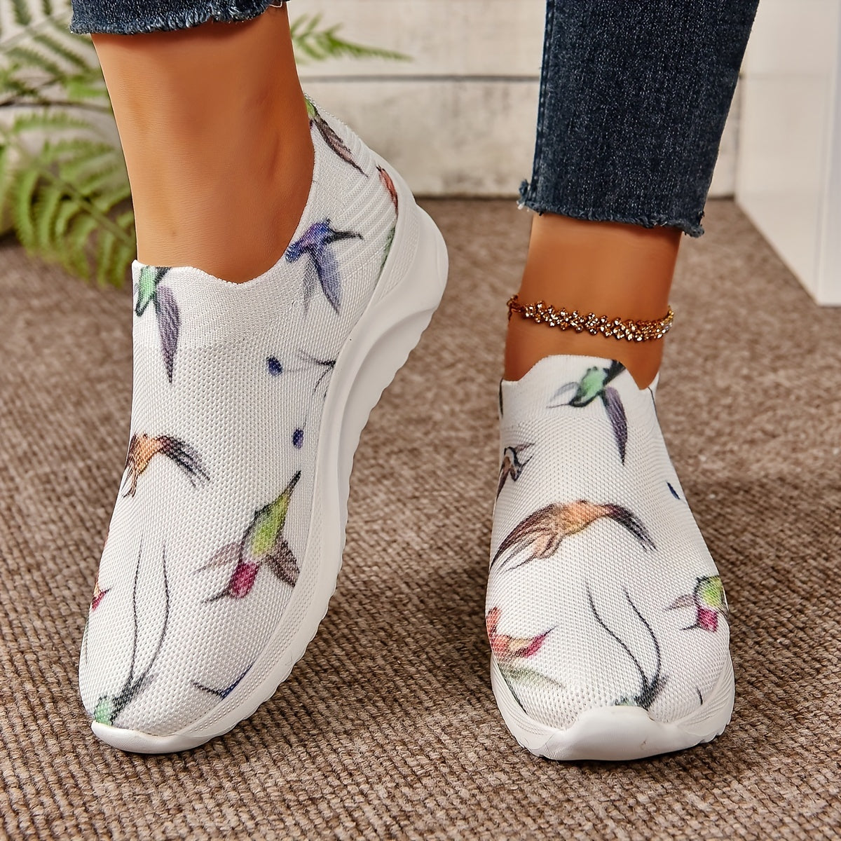 Women's Bird Pattern Slip on Sneakers Mesh Knit Walking Shoes