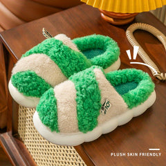 Colorblock Warm Home Slippers Thick Bottom Non-slip Fluffy Slides