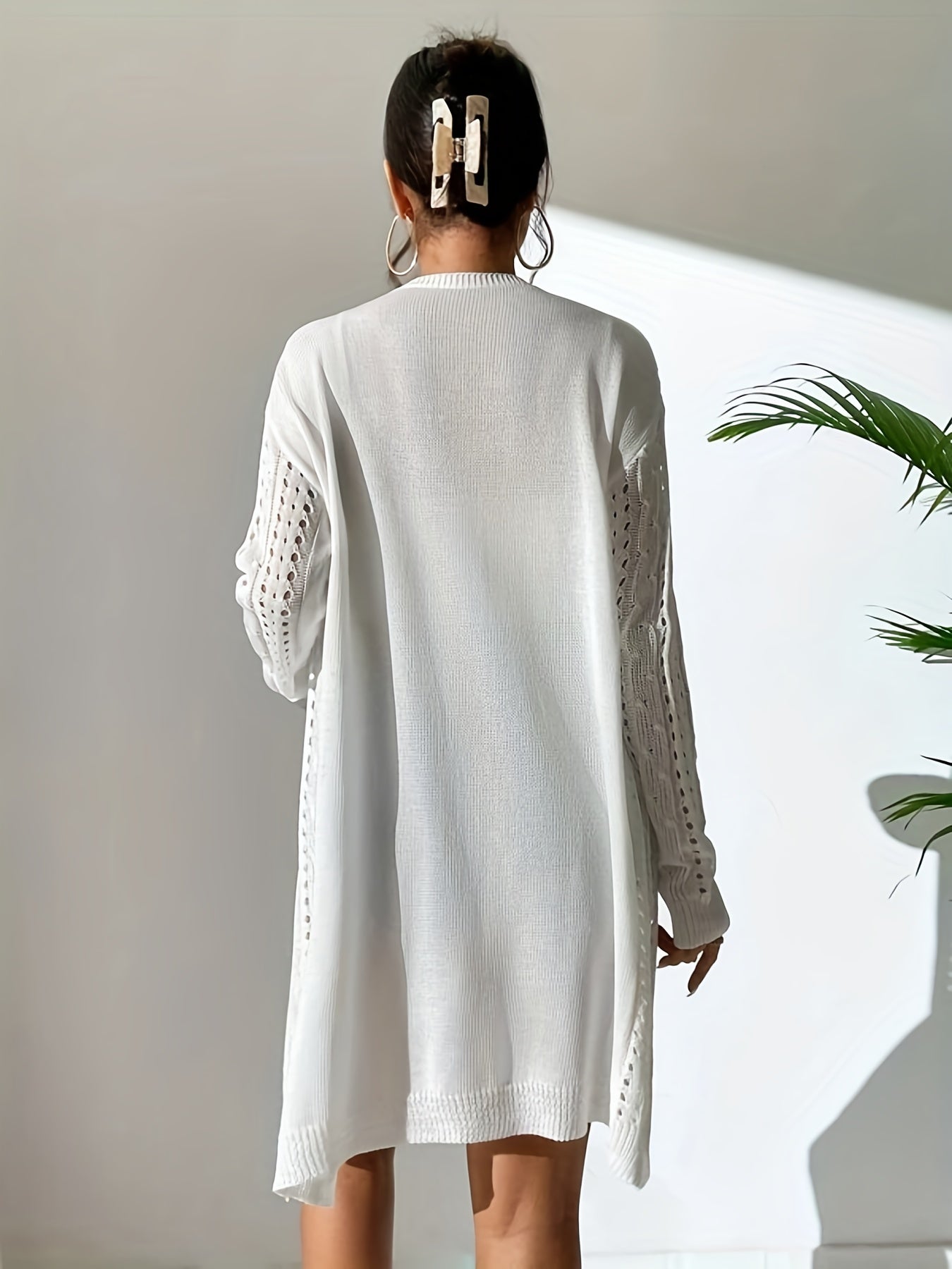 Long Sleeves Cover Up Shirts V Neck Slight Stretch Hollow Out Knitted Cardigan