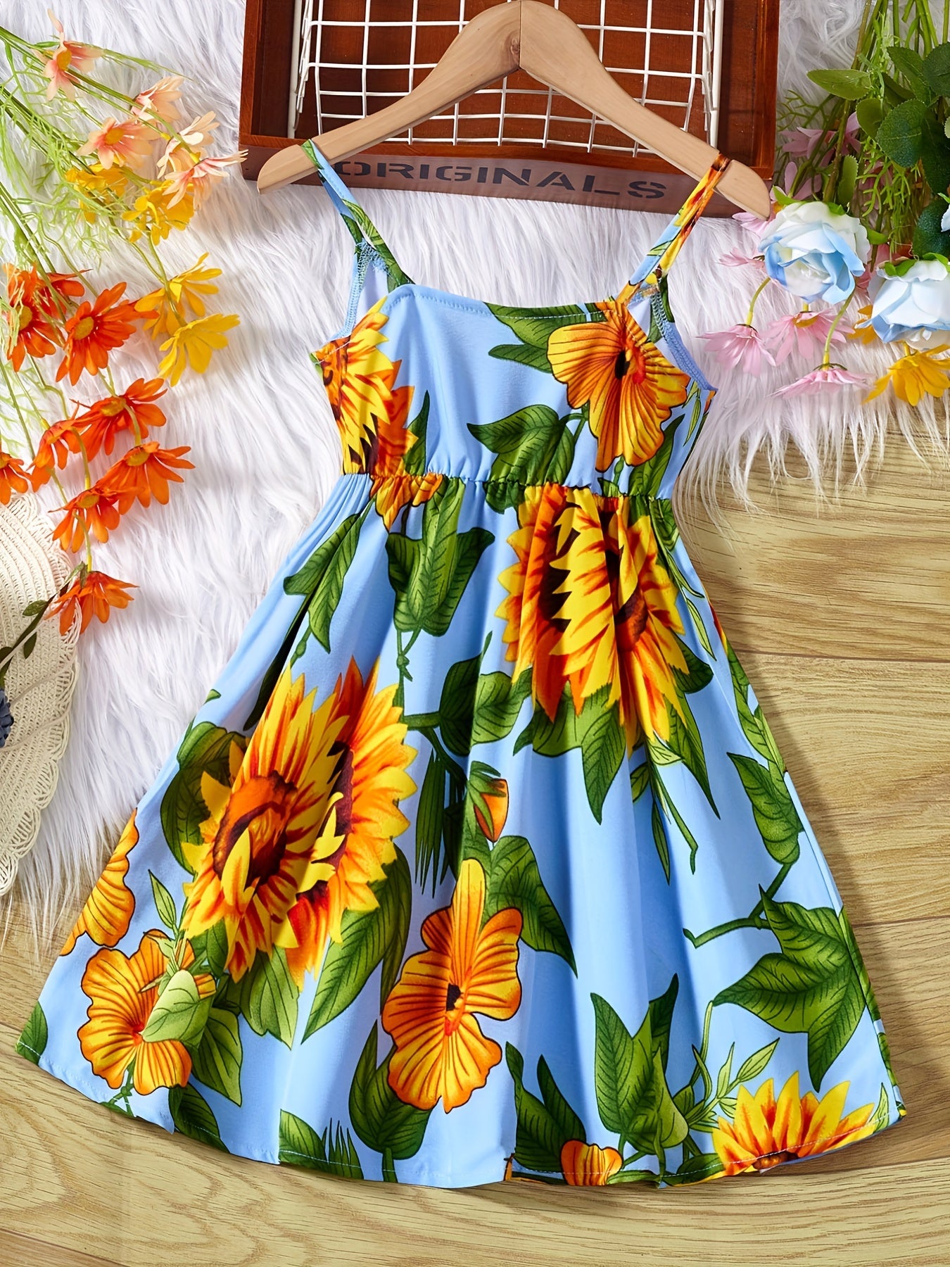 Toddler Girls Sunflower Surplice Neck Cami Dress Party Beach Vacation