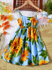 Toddler Girls Sunflower Surplice Neck Cami Dress Party Beach Vacation