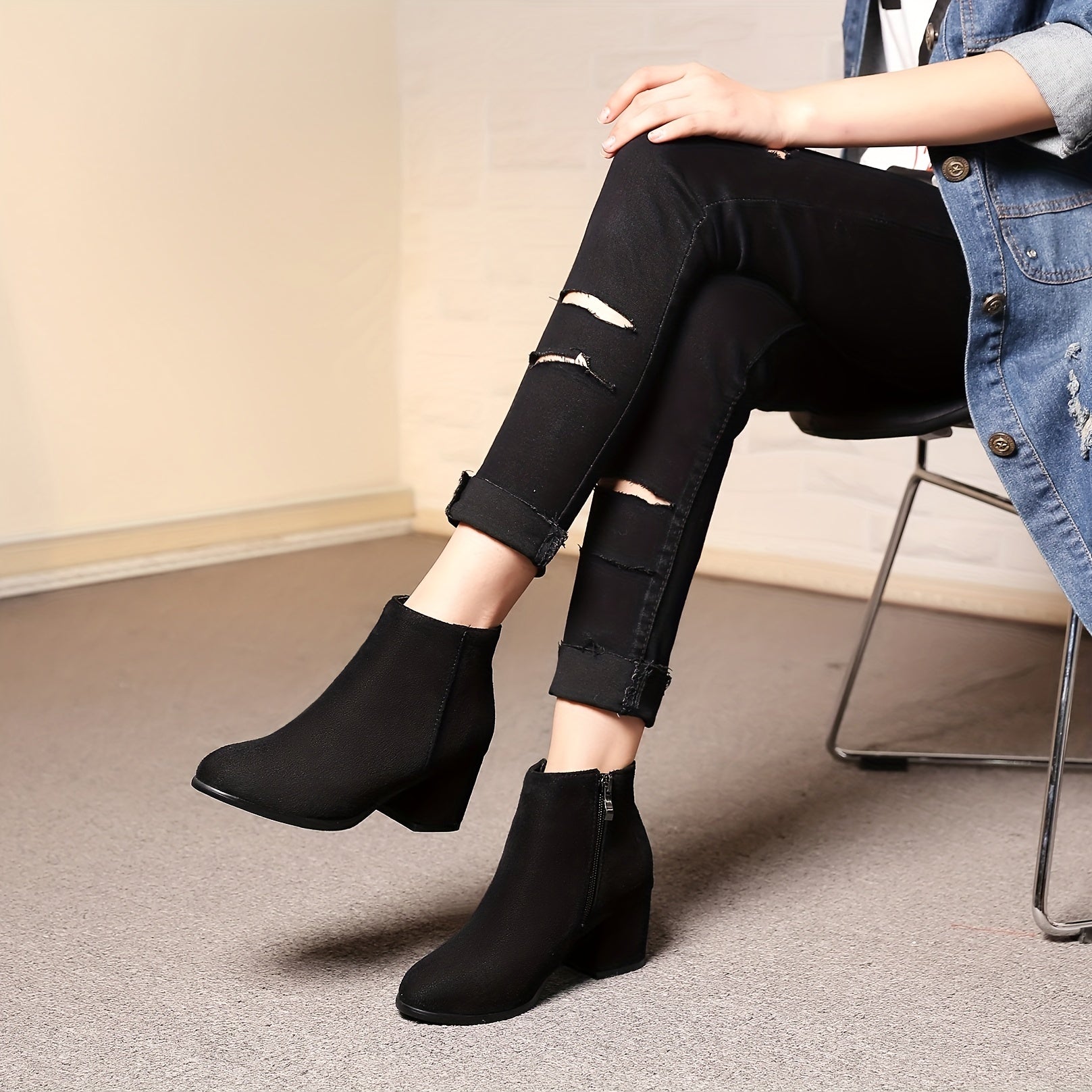 Women's Suede Short Boots Block Heel Round Toe Side Zipper Shoes