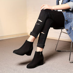 Women's Suede Short Boots Block Heel Round Toe Side Zipper Shoes