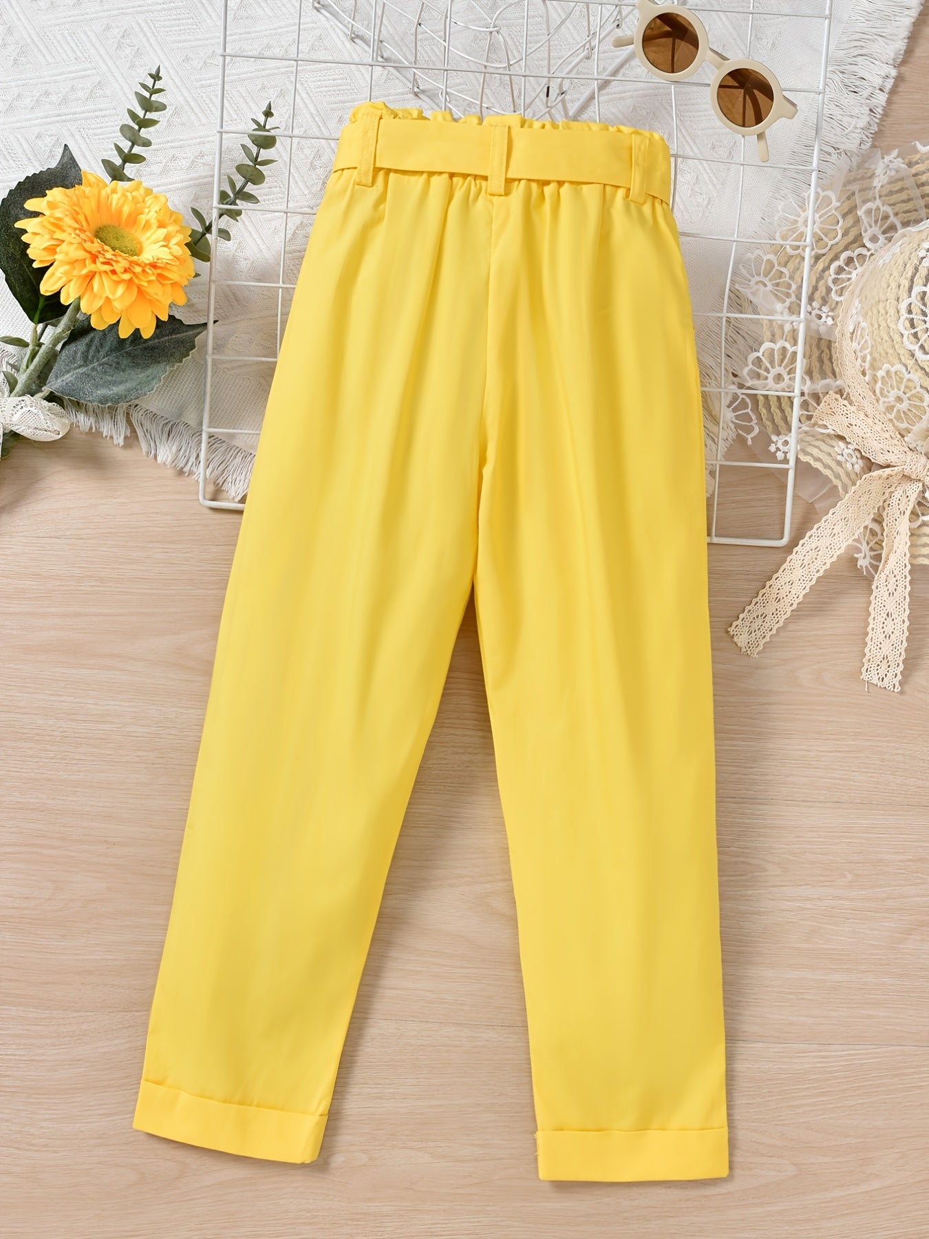 Girls Yellow Casual Trousers Elastic Waist Pocket Pants With Belt