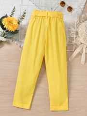 Girls Yellow Casual Trousers Elastic Waist Pocket Pants With Belt