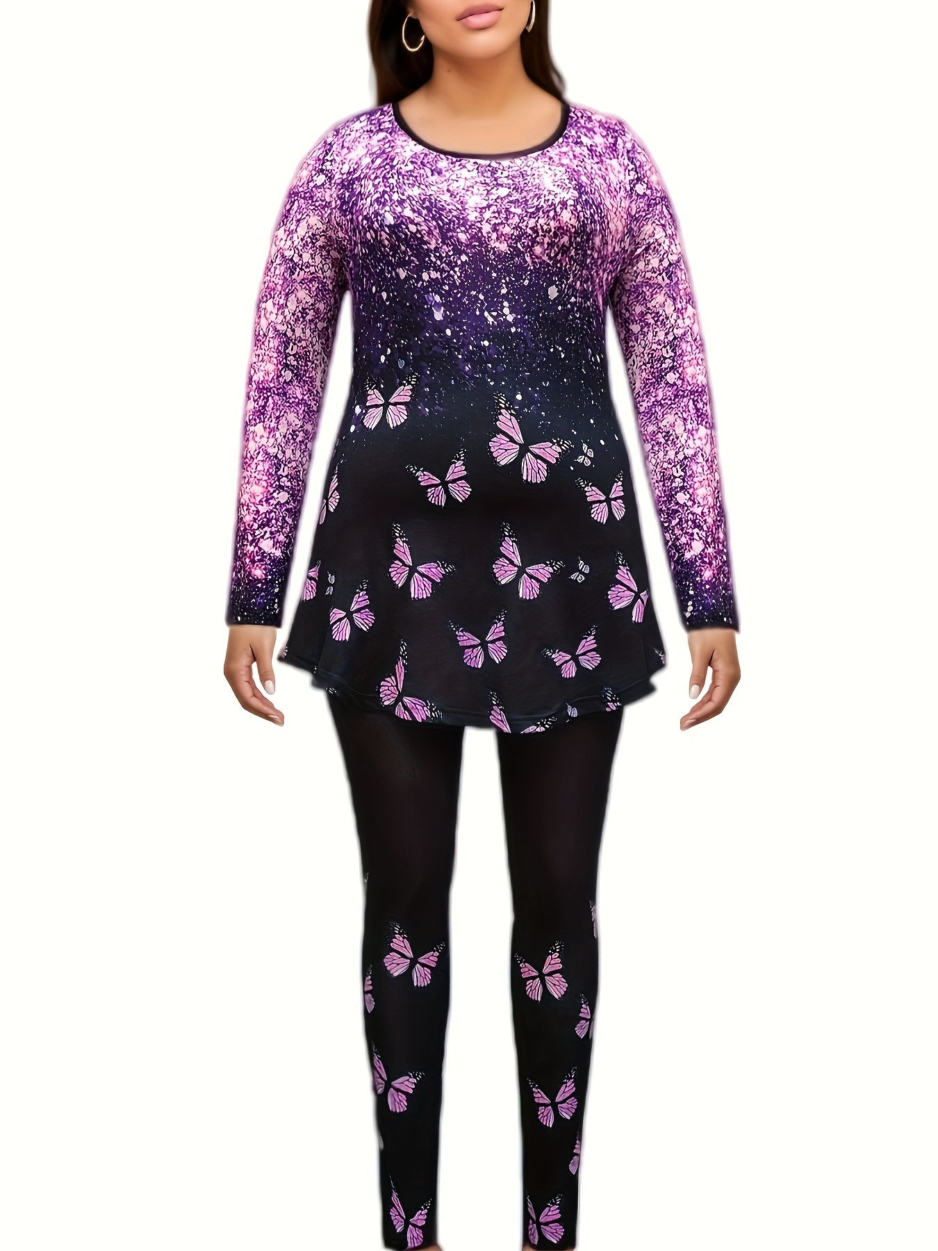 Glitter Butterfly Print Long Sleeve Lounge Set