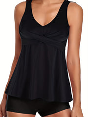 Plus Size Tankini Set Cross Front V Neck Cami Top & Shorts Swimsuit