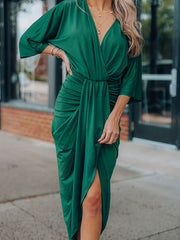 Plus Size Solid Half Sleeve Draped Front Occasion Dress