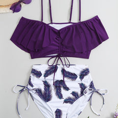 Feather Print Drawstring Layered Top Swimsuit Set