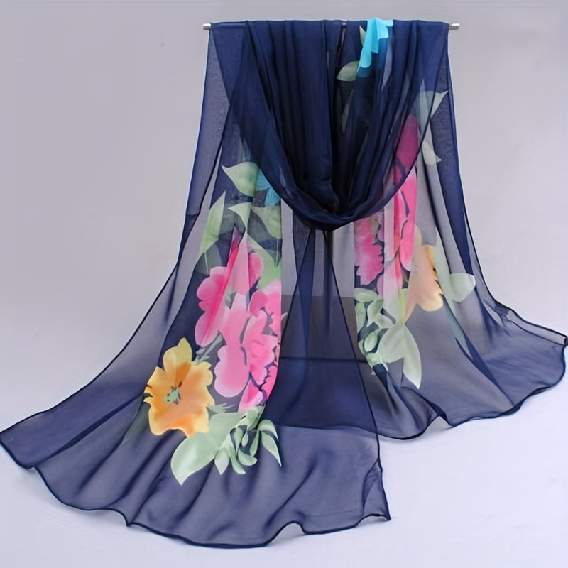 Vintage Flower Print Chiffon Scarf Thin Breathable Shawl