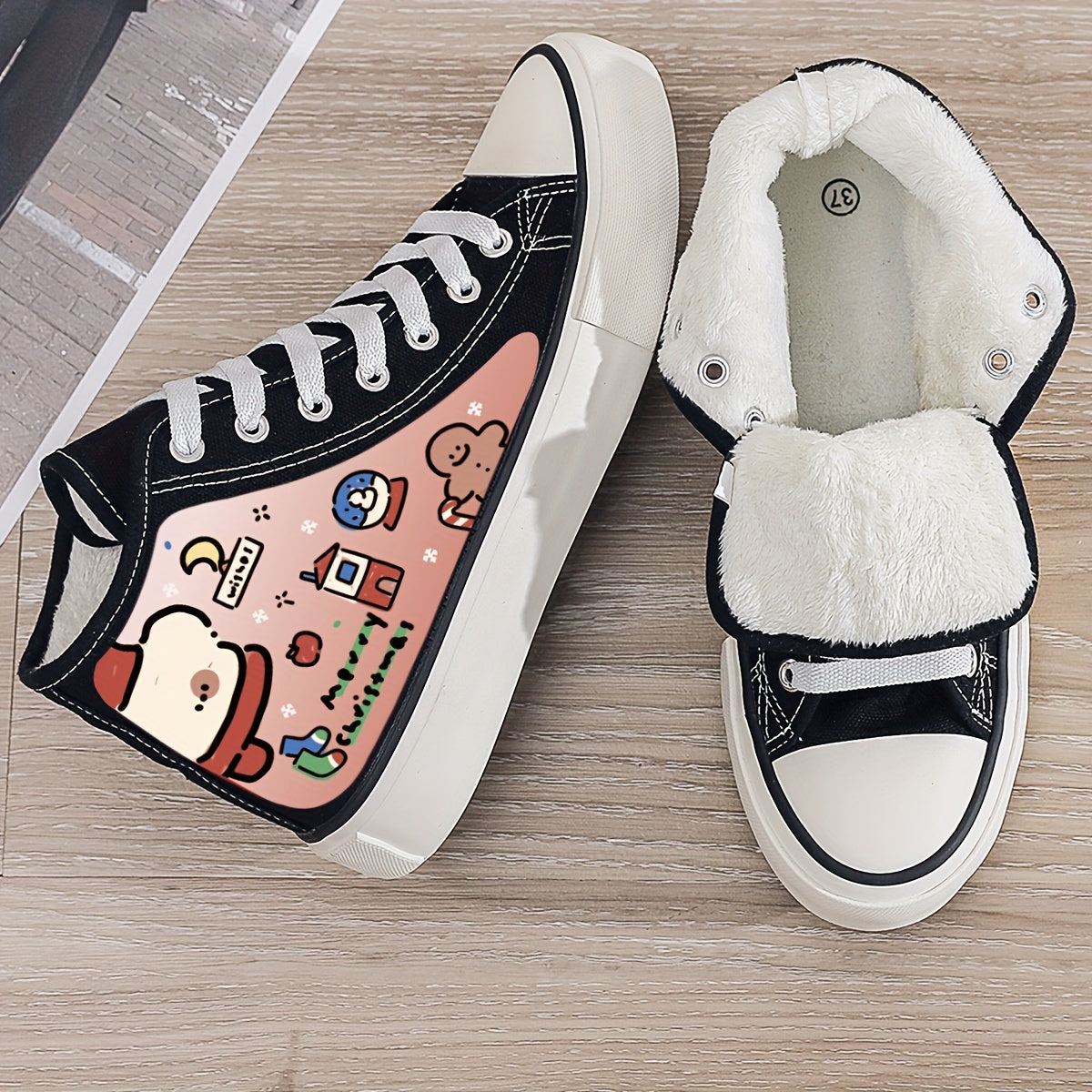 Christmas Cartoon Print Plush Lined Thermal Chunky Canvas Sneakers