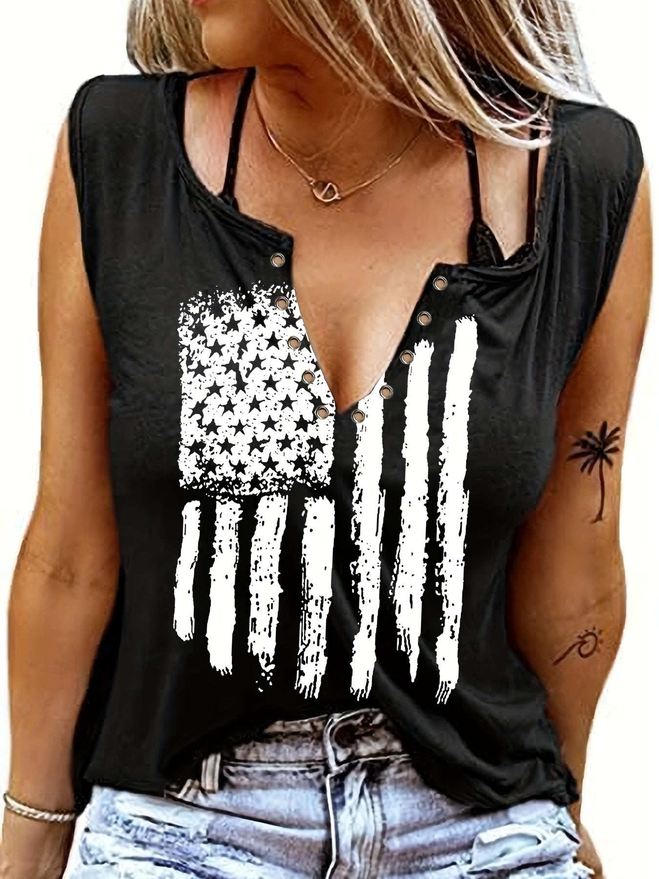 American Flag Print Tank Top Sleeveless Crew Neck Women's Clothing