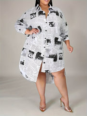 Newspaper Pattern Long Sleeve Casual Dress Shirt Dress