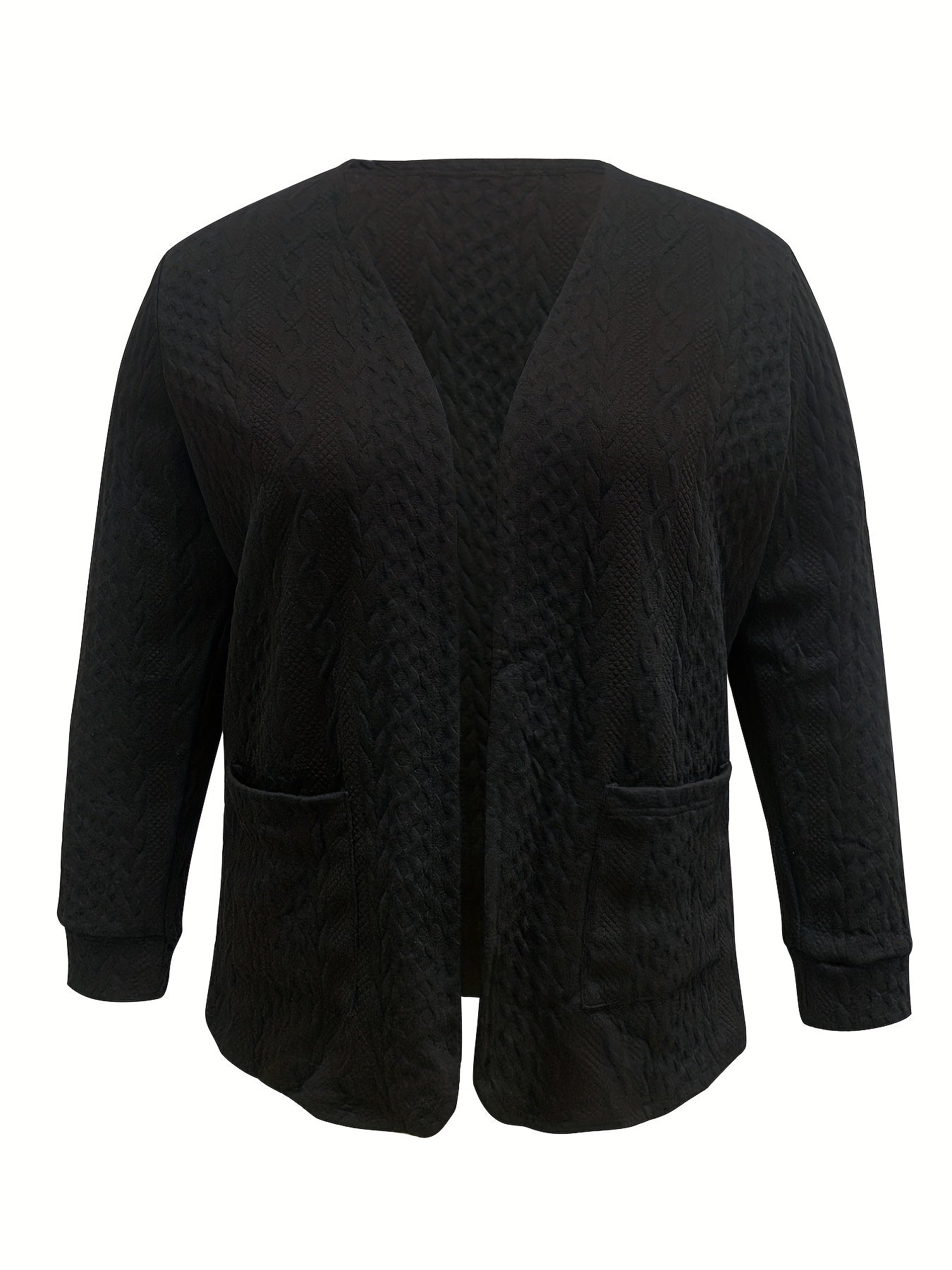 Solid Jacquard Long Sleeve Open Front Cardigan With Pockets