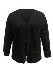 Solid Jacquard Long Sleeve Open Front Cardigan With Pockets