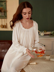 Solid Long Night Dress Court Style Long Sleeve Crew Neck Pajama Dress