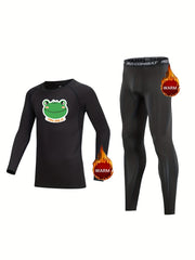 2pcs Kids Compression Fleece Sets Frog Pattern Crew Neck Pullover Matching Pants