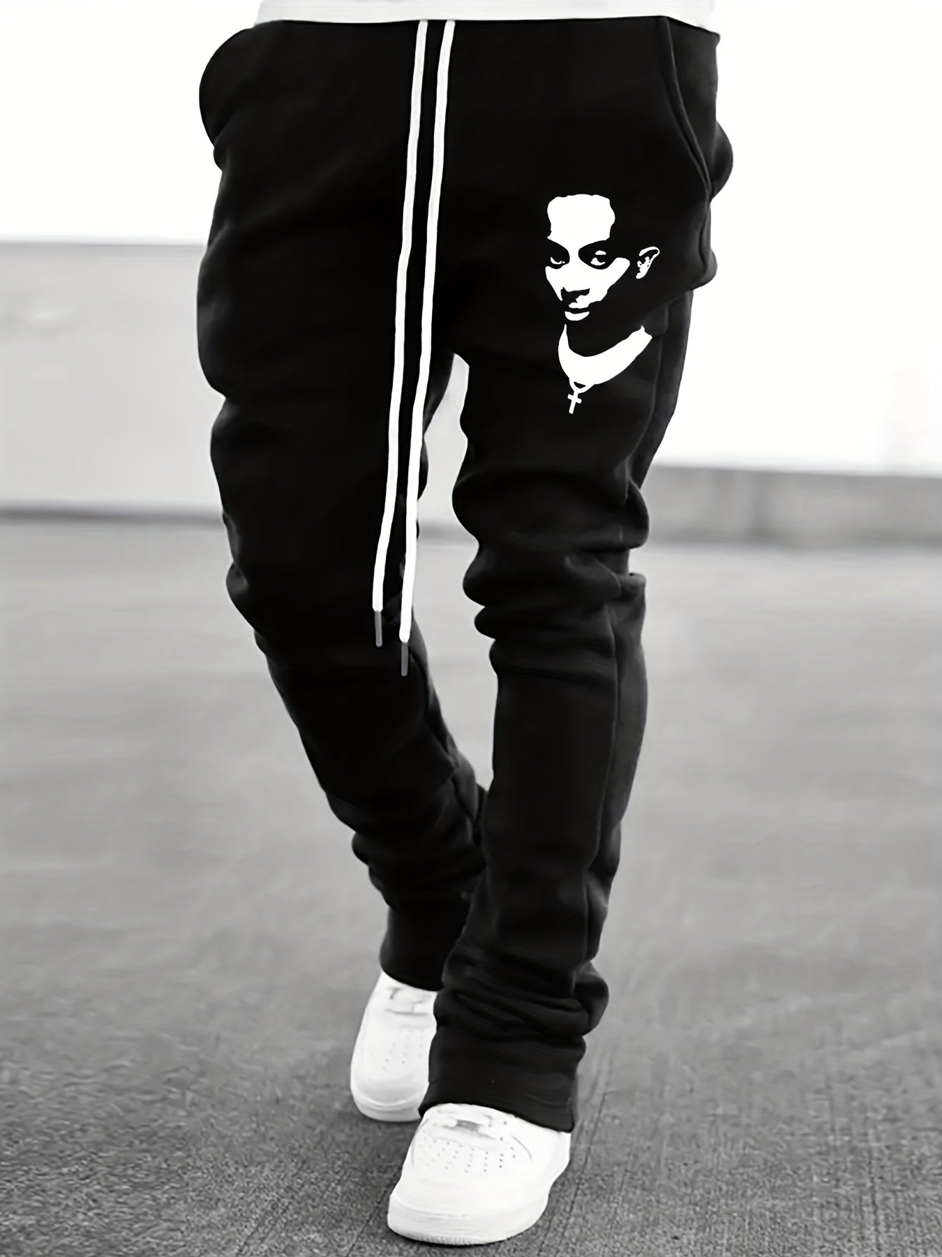 Men's Drawstring Bell bottom Pants Portray Pattern Casual Slim Pants