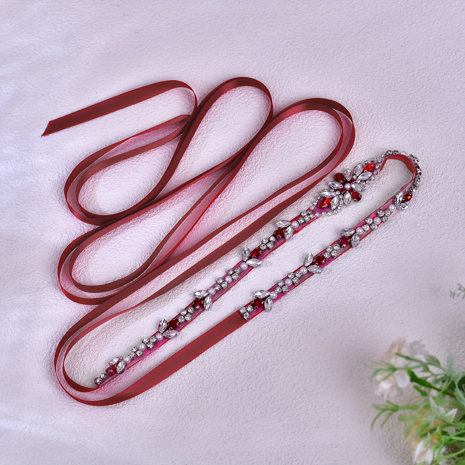 Red Ribbon Bridal Belt with Rhinestones for Weddings & Parties