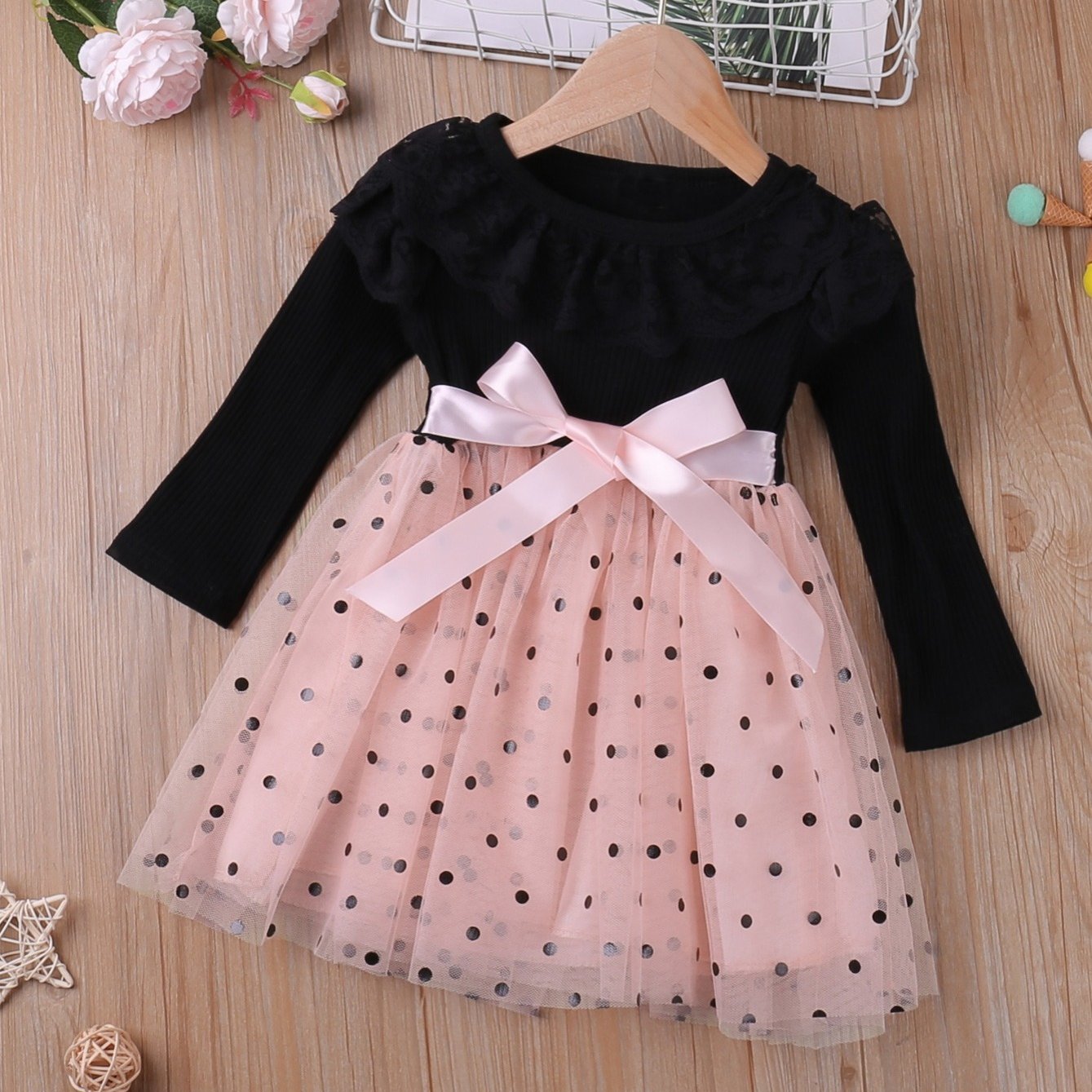Girls Mesh Dress with Ruffle Brim Polka Dot Print - Kids Clothes