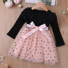 Girls Mesh Dress with Ruffle Brim Polka Dot Print - Kids Clothes
