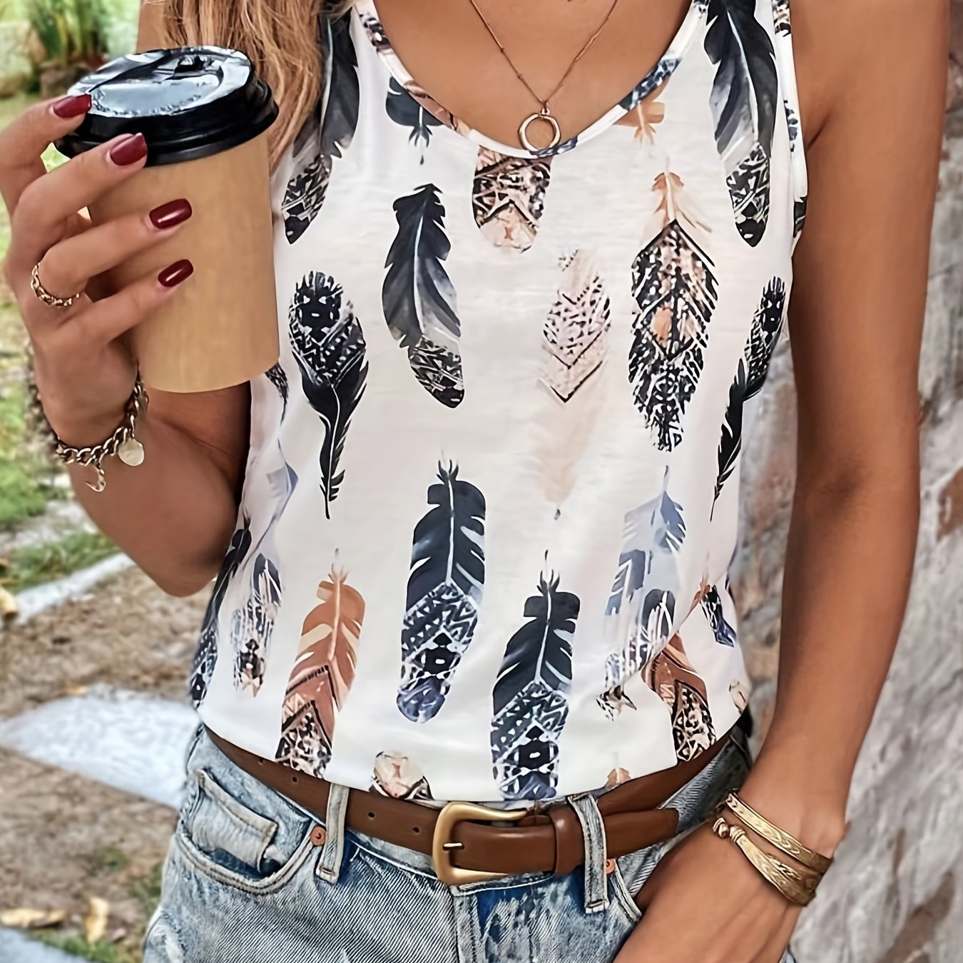 Feather Print Tank Top Sleeveless Summer Top