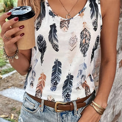Feather Print Tank Top Sleeveless Summer Top
