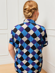 Argyle Print Button Up Short Sleeve Blouse