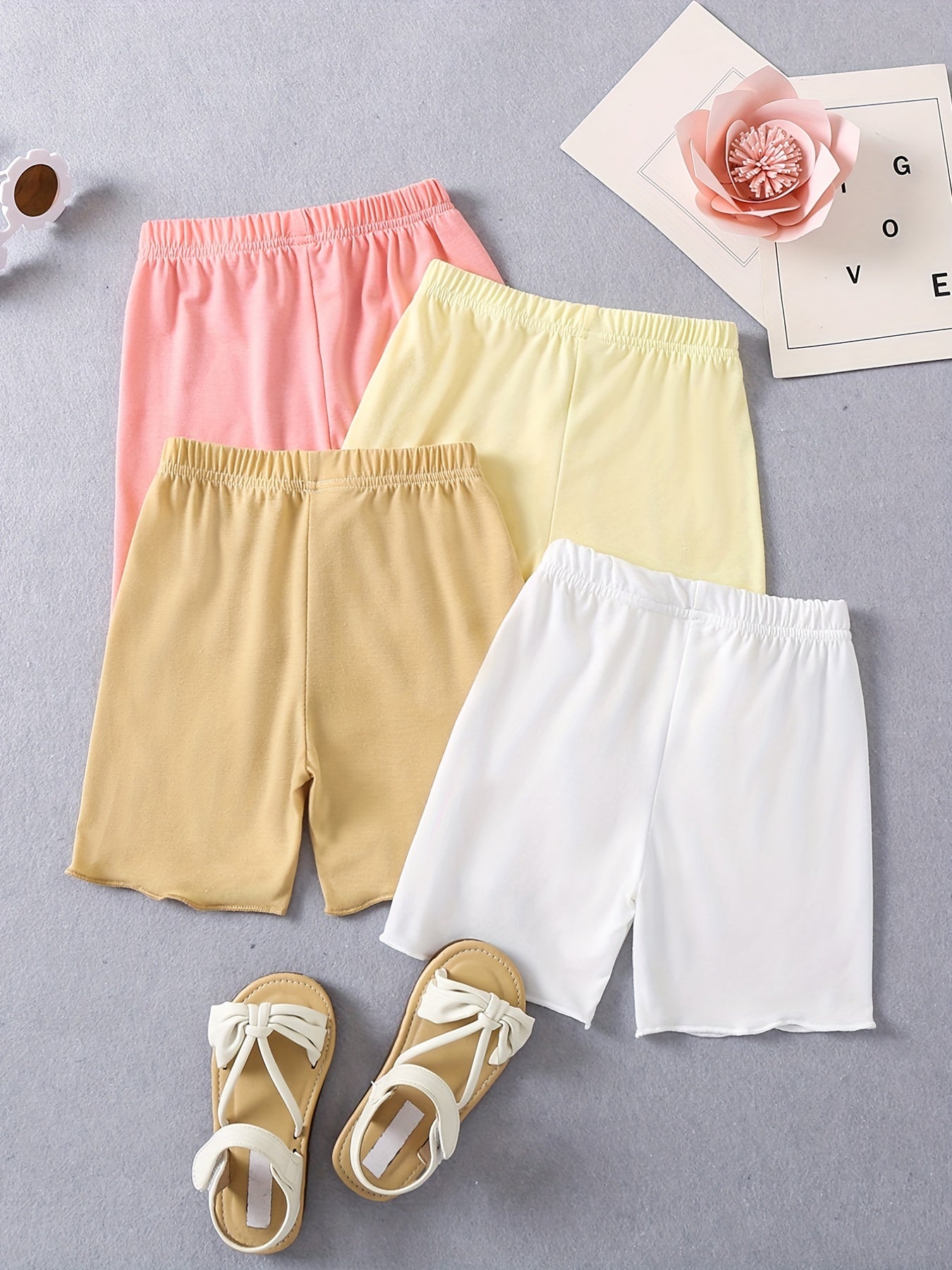 4pcs Toddler Girls Frill Trim Bow Waist Cotton Shorts Set