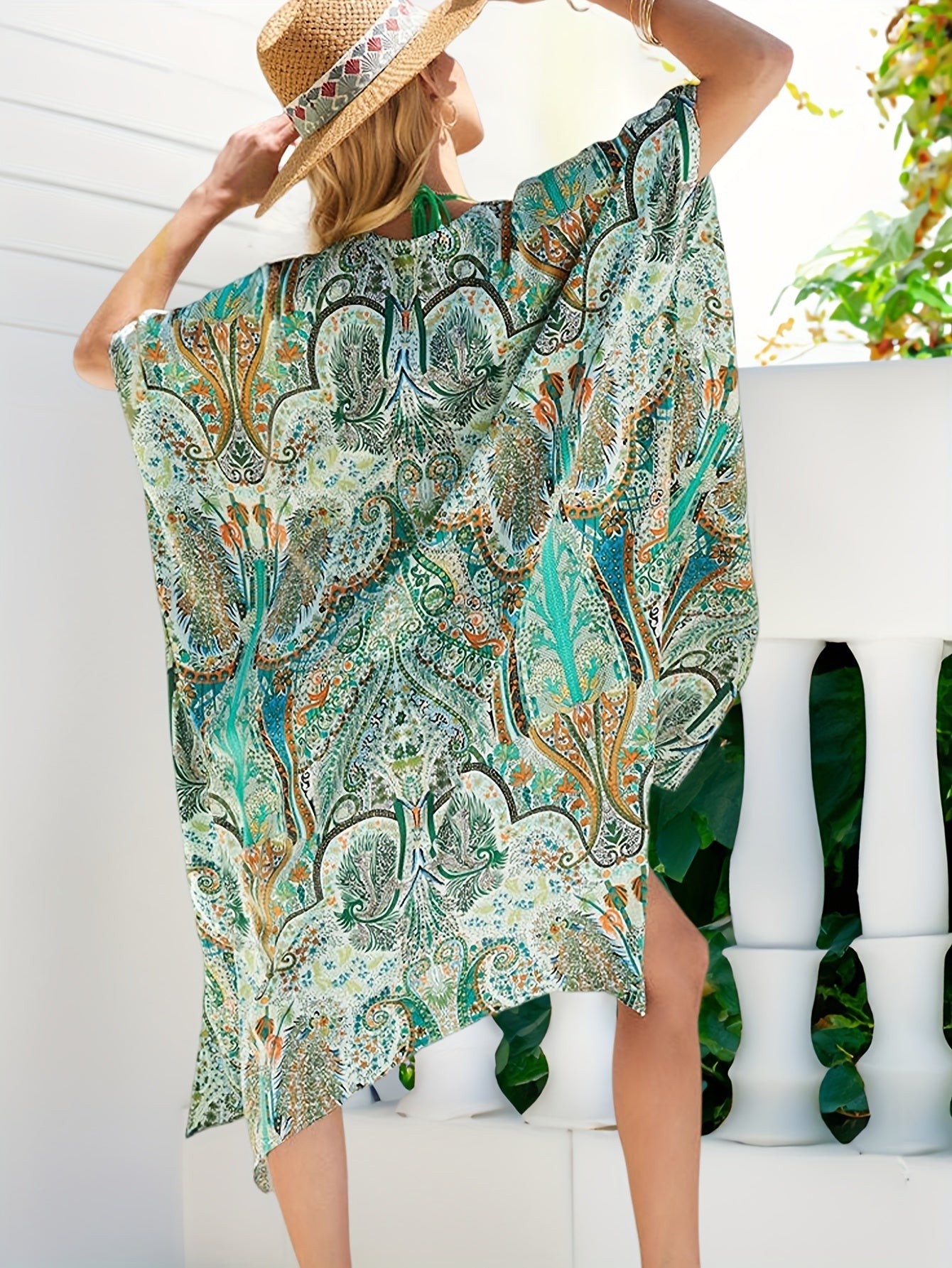 Boho Cover Up Women's Plus Paisley Print Batwing Sleeve Open Front Bea