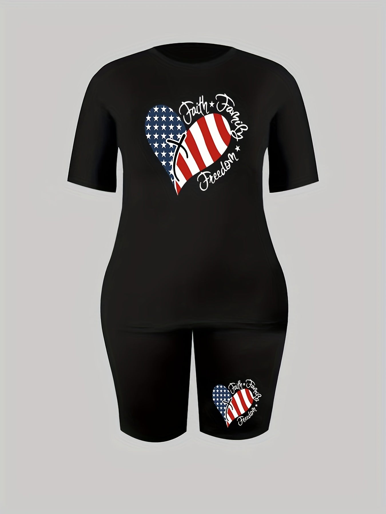 Women's Plus Flag Heart & Letter Print Independence Casual Outfits Set