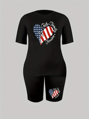 Women's Plus Flag Heart & Letter Print Independence Casual Outfits Set