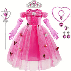 9pcs Girls Princess Dress Costume Set with Gloves, Crown & Wand