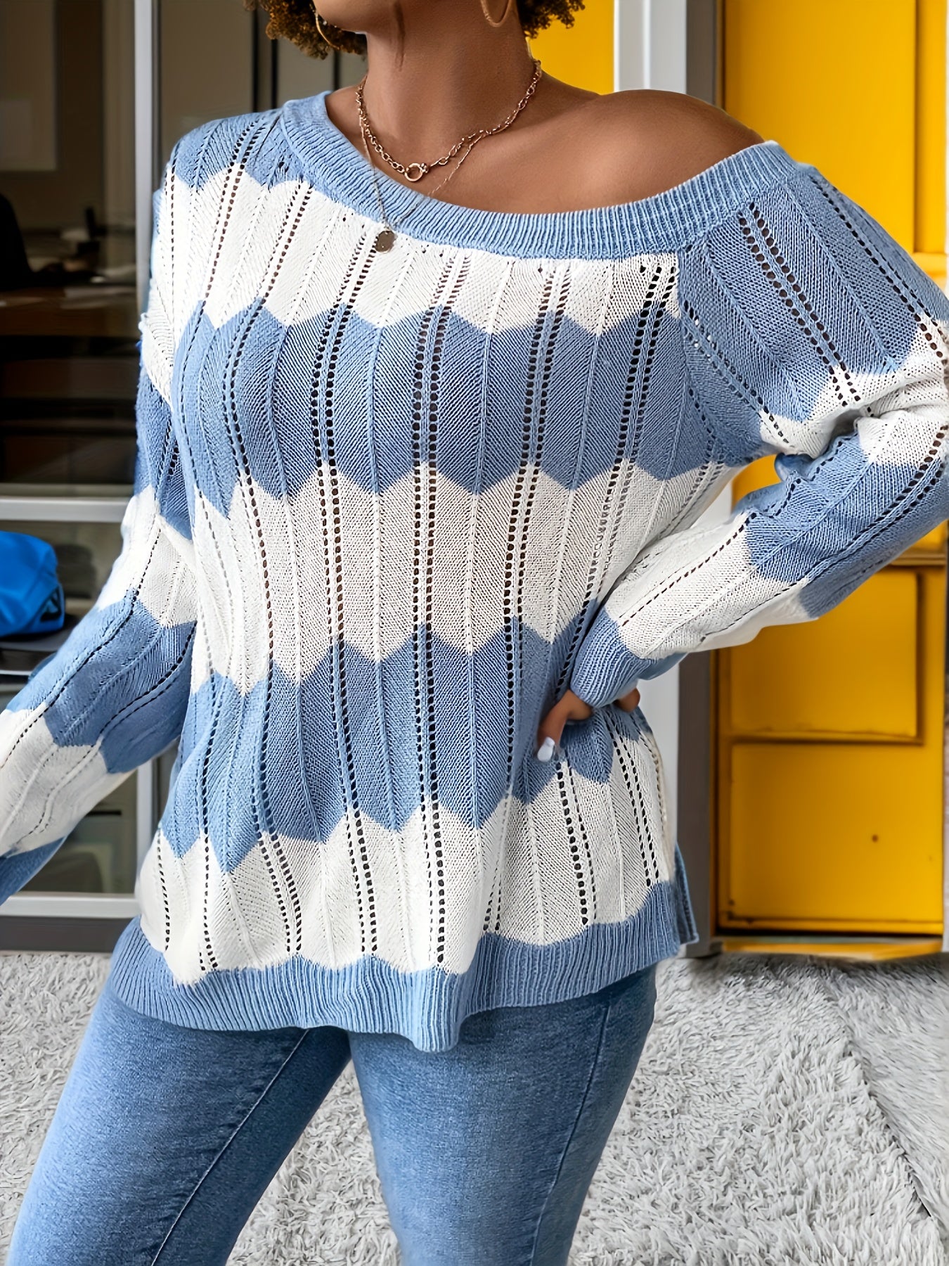 Plus Size Colorblock Hollow Out One Shoulder Knit Top