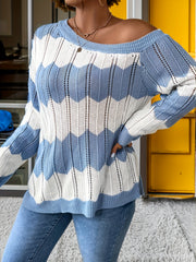 Plus Size Colorblock Hollow Out One Shoulder Knit Top