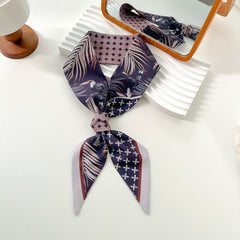 Bird Leaf Print Vintage Satin Twilly Scarf Neckerchief French Style Hair Ribbon