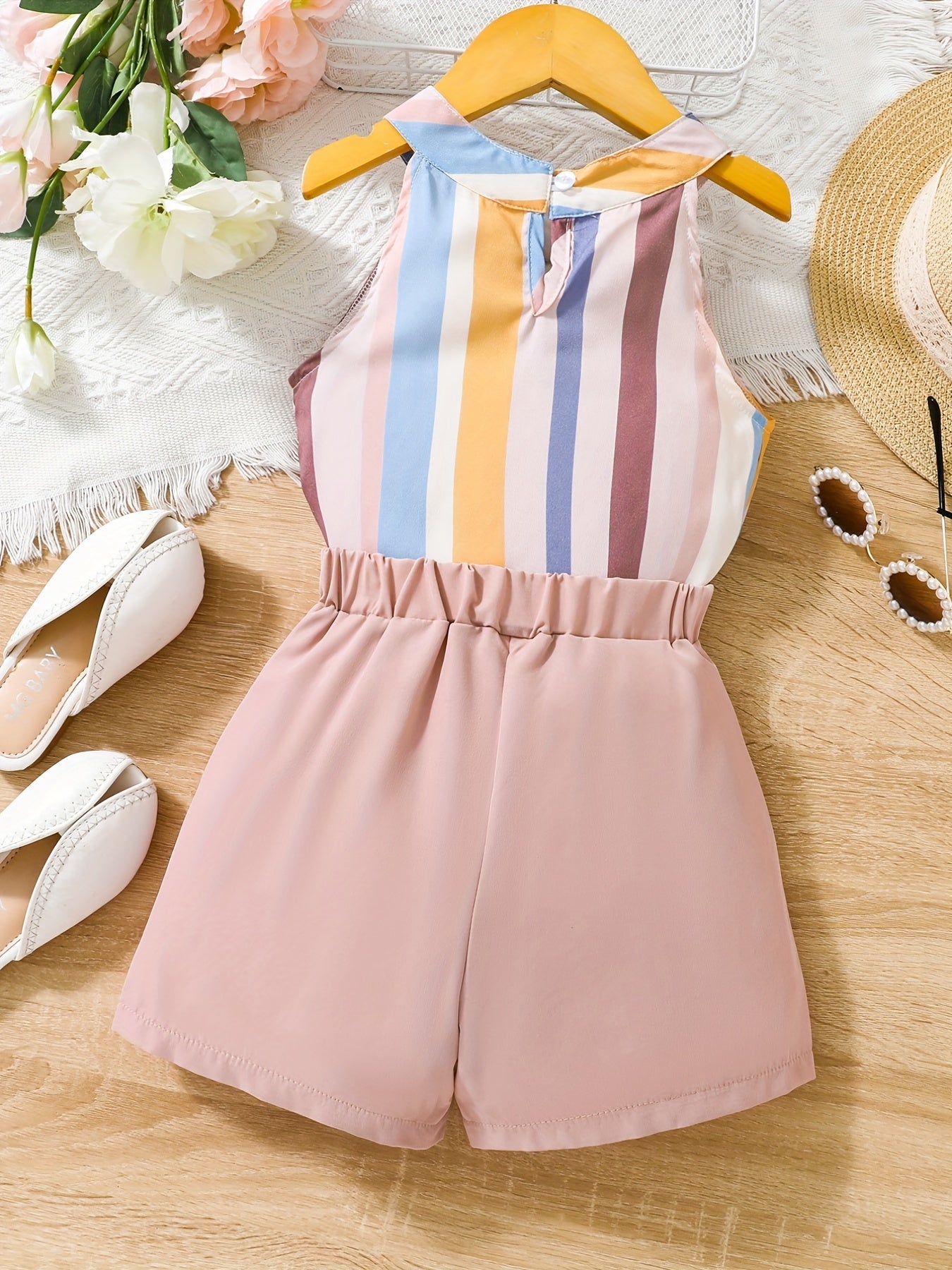 Girls Summer Outfit Stripes Halter Top & Button Shorts Set
