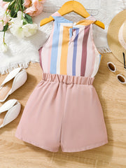 Girls Summer Outfit Stripes Halter Top & Button Shorts Set