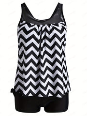 Striped Tankini Set Women's Plus Tank Top & Shorts Two Piece