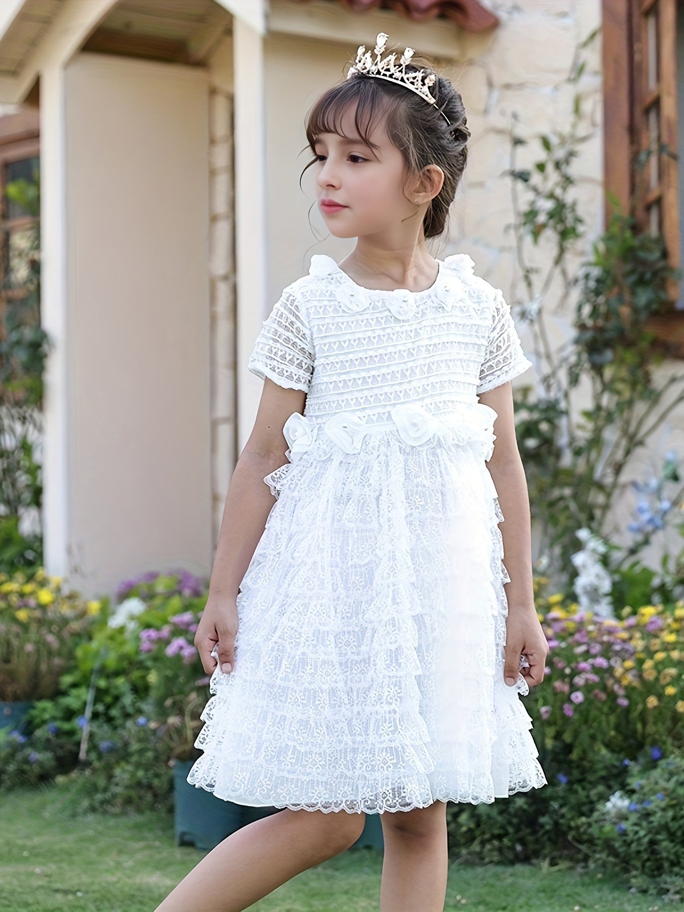 Girl's Lace Dress With Rose Appliques Grace Dress For Wedding