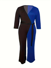 Colorblock Long Sleeve Slight Stretch Belted Jumpsuit