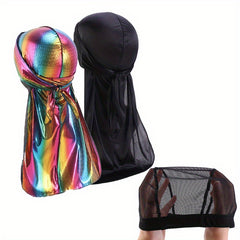 3pcs Silky Durags Wave Cap Set High Stretch Elastic Satin Extra Long Tails
