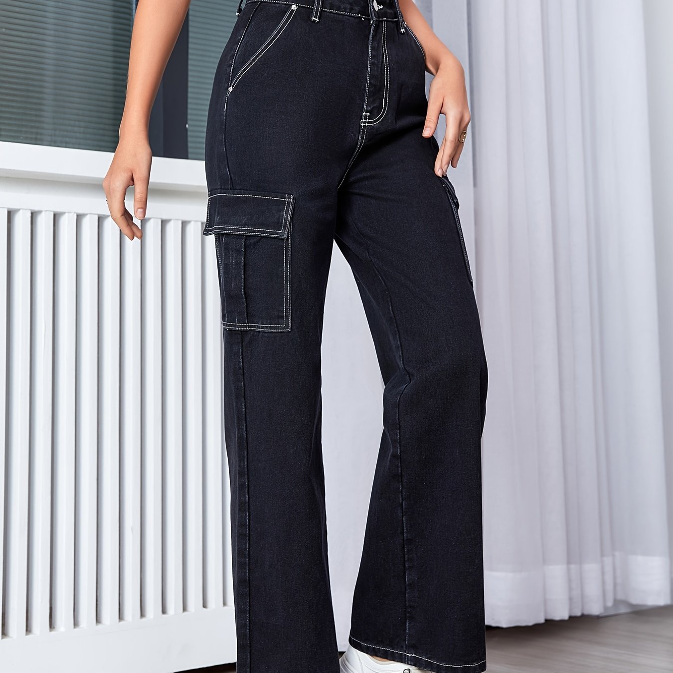 Cargo Jeans High Rise Solid Denim Pants