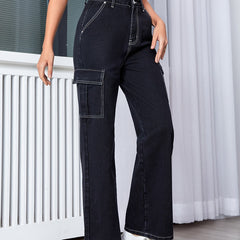 Cargo Jeans High Rise Solid Denim Pants