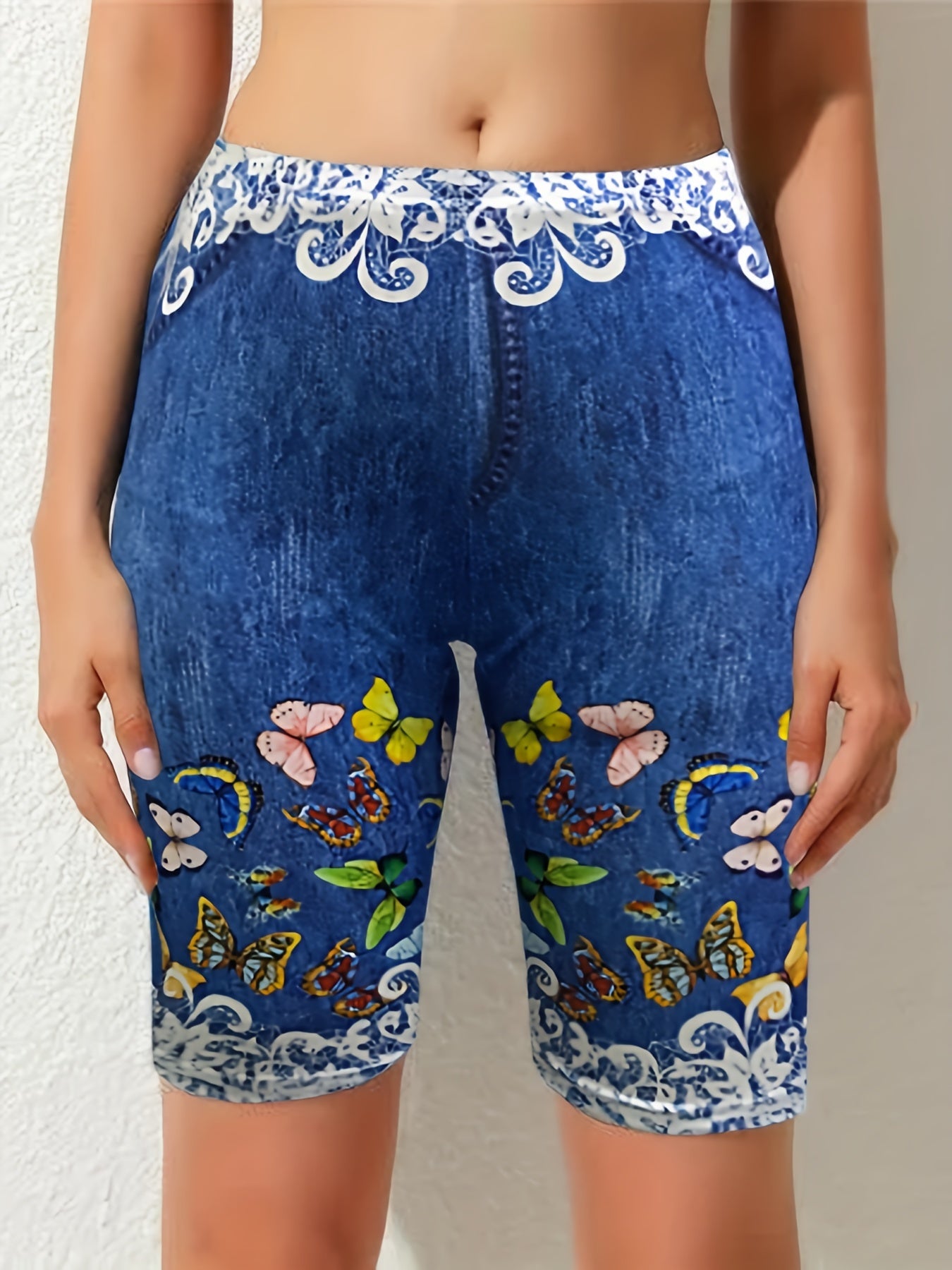Butterfly Denim Print Skinny Leggings for Spring & Summer Women