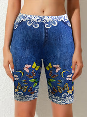 Butterfly Denim Print Skinny Leggings for Spring & Summer Women