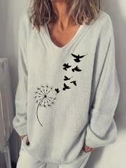 Dandelion & Bird V-Neck Pullover Sweater Women's Clothing