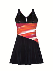Colorblock Stripe Print V Neck One Piece Swimsuit